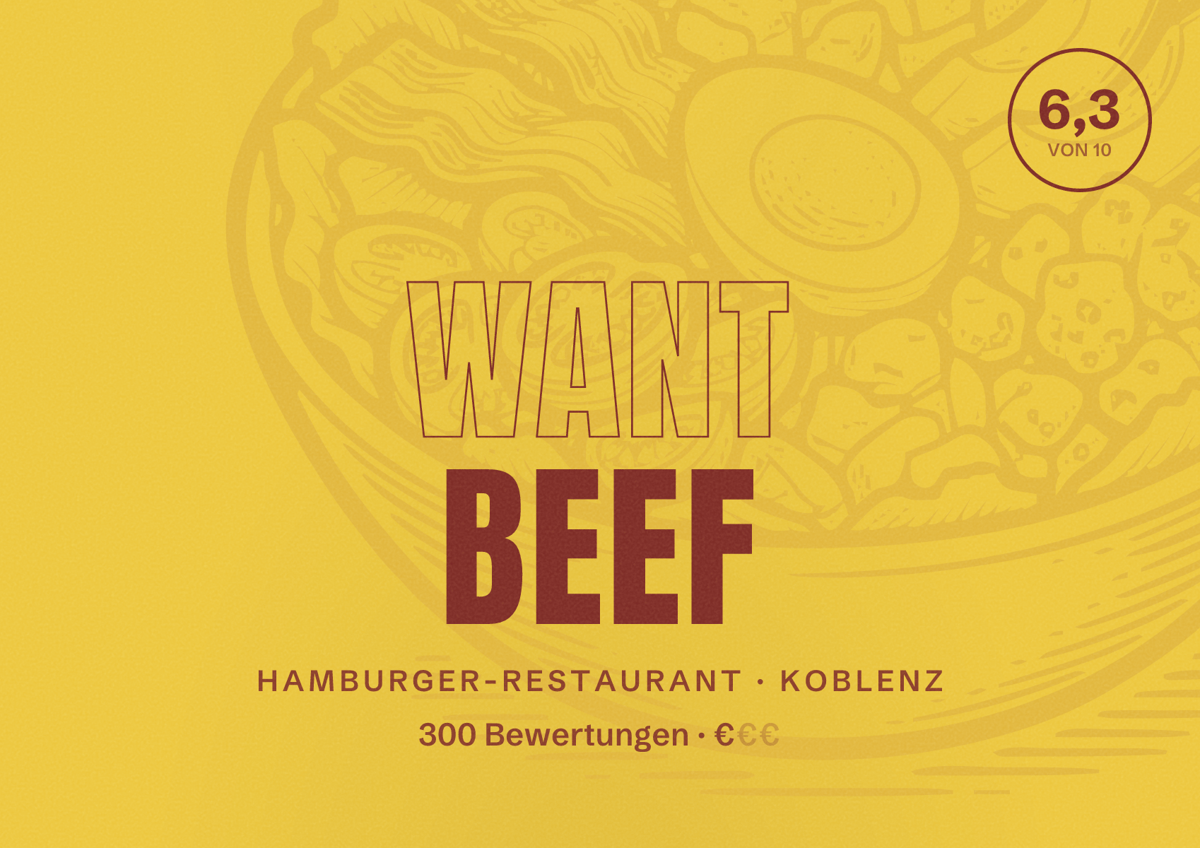 Illustriertes Poster von Want Beef, Hamburger-Restaurant in Koblenz: Bewertung 6,3 von 10 aus 300 Bewertungen, Preisniveau €