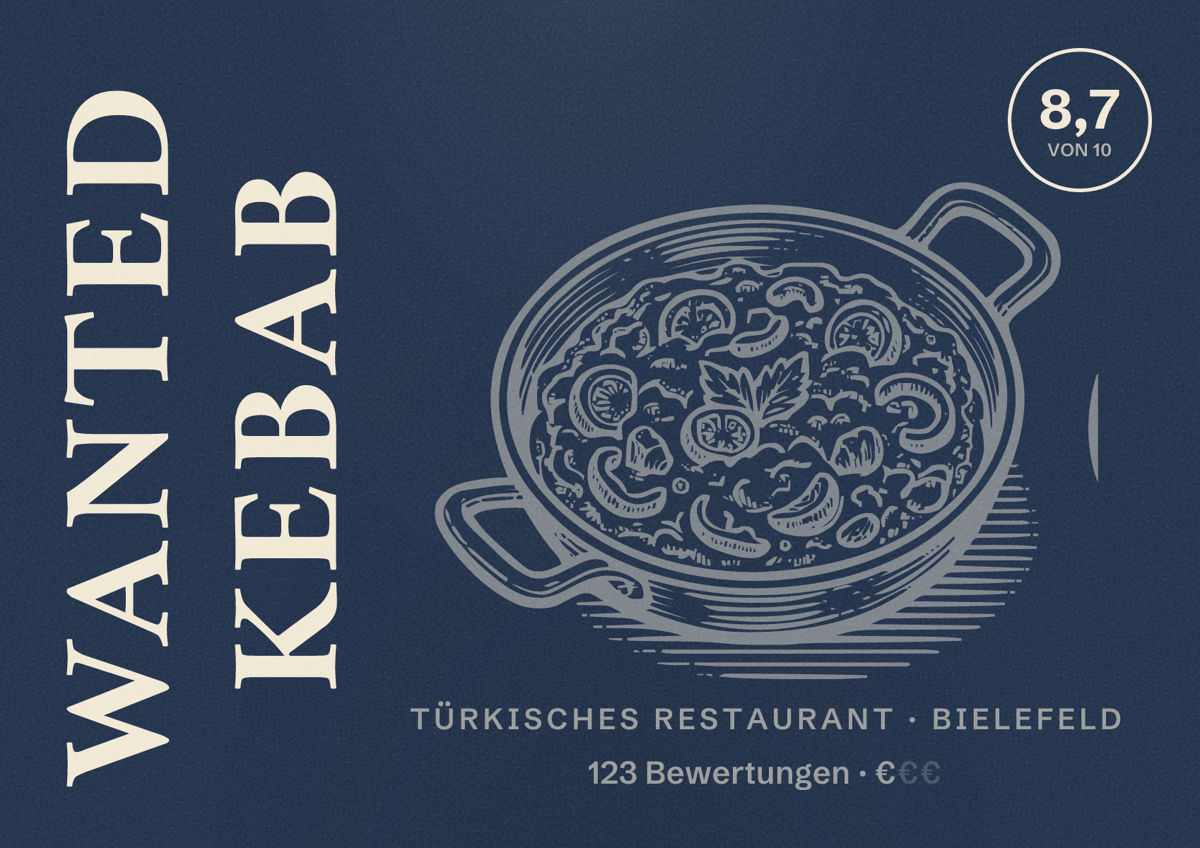 Illustriertes Poster von Wanted Kebab, Türkisches Restaurant in Bielefeld: Bewertung 8,7 von 10 aus 123 Bewertungen, Preisniveau €