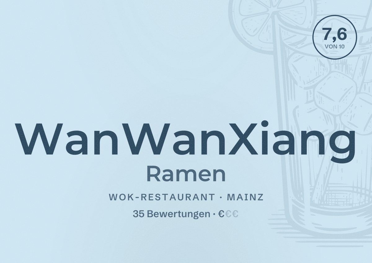 Illustriertes Poster von WanWanXiang Ramen, Wok-Restaurant in Mainz: Bewertung 7,6 von 10 aus 35 Bewertungen, Preisniveau €