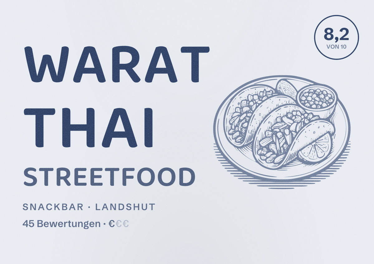 Illustriertes Poster von Warat Thai Streetfood, Snackbar in Landshut: Bewertung 8,2 von 10 aus 45 Bewertungen, Preisniveau €