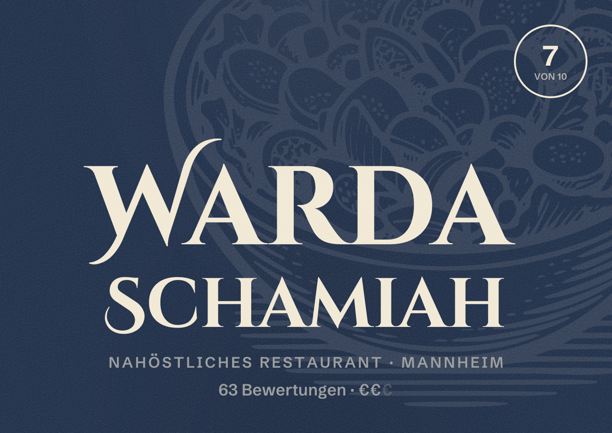 Illustriertes Poster von Warda Schamiah, Nahöstliches Restaurant in Mannheim: Bewertung 7 von 10 aus 63 Bewertungen, Preisniveau €€
