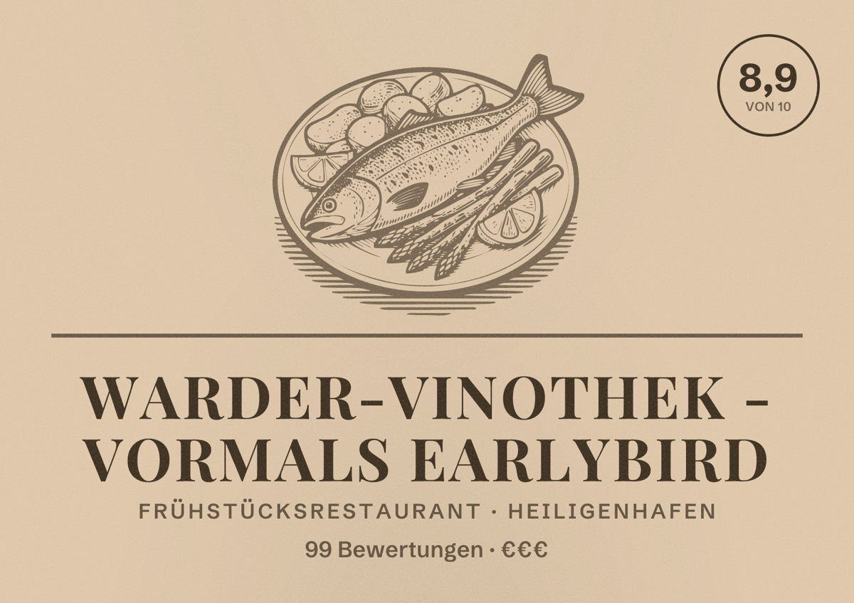 Illustriertes Poster von Warder-Vinothek - vormals Earlybird, Frühstücksrestaurant in Heiligenhafen: Bewertung 8,9 von 10 aus 99 Bewertungen, Preisniveau €€€