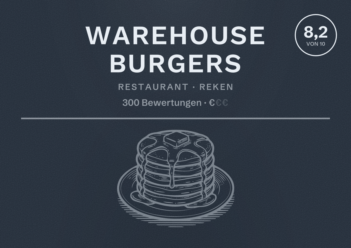 Illustriertes Poster von Warehouse Burgers, Restaurant in Reken: Bewertung 8,2 von 10 aus 300 Bewertungen, Preisniveau €