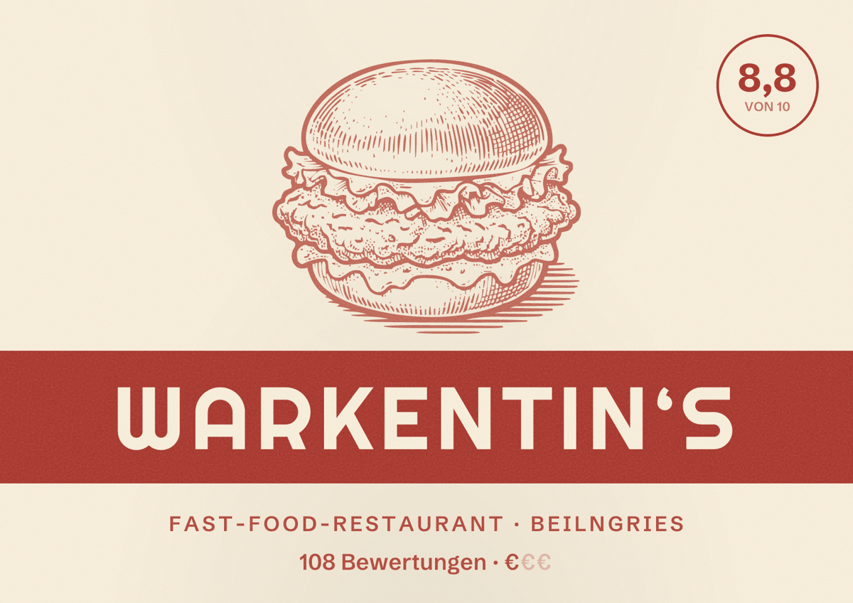 Illustriertes Poster von Warkentin‘s, Fast-Food-Restaurant in Beilngries: Bewertung 8,8 von 10 aus 108 Bewertungen, Preisniveau €