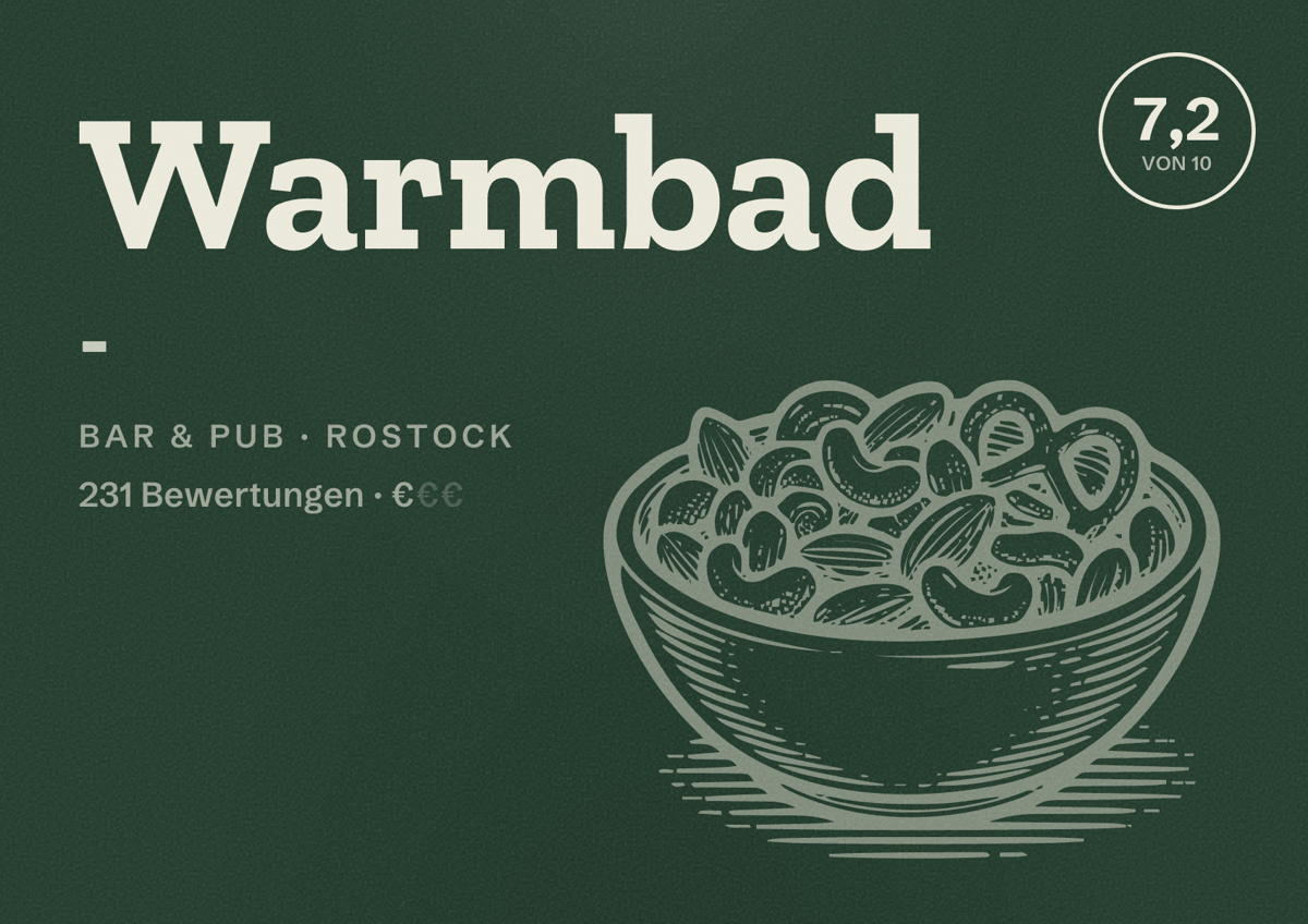 Illustriertes Poster von Warmbad -, Bar & Pub in Rostock: Bewertung 7,2 von 10 aus 231 Bewertungen, Preisniveau €
