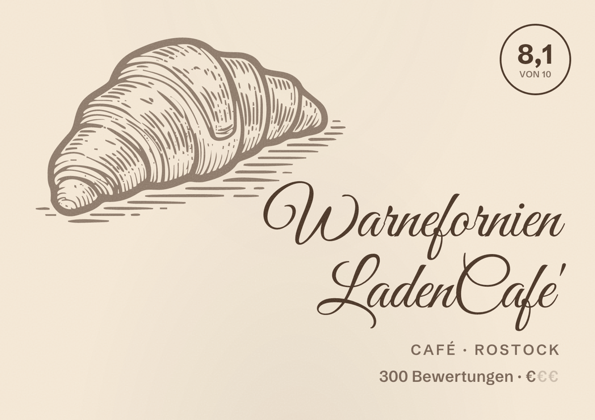 Illustriertes Poster von Warnefornien LadenCafe', Café in Rostock: Bewertung 8,1 von 10 aus 300 Bewertungen, Preisniveau €