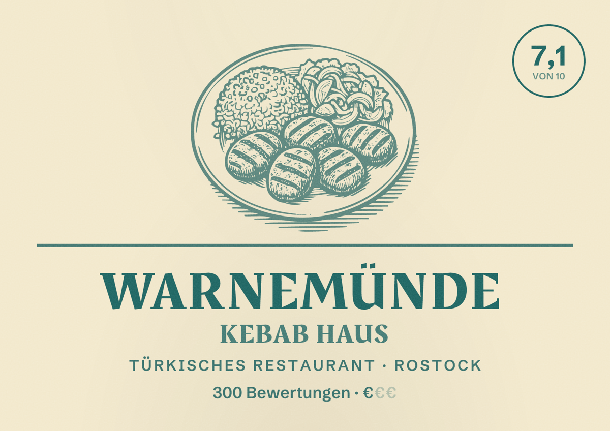 Illustriertes Poster von Warnemünde Kebab Haus, Türkisches Restaurant in Rostock: Bewertung 7,1 von 10 aus 300 Bewertungen, Preisniveau €