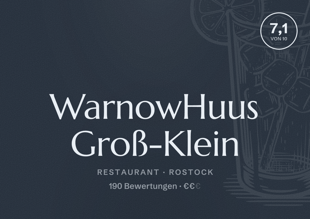Illustriertes Poster von WarnowHuus Groß-Klein, Restaurant in Rostock: Bewertung 7,1 von 10 aus 190 Bewertungen, Preisniveau €€