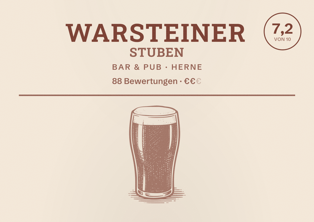 Illustriertes Poster von Warsteiner Stuben, Bar & Pub in Herne: Bewertung 7,2 von 10 aus 88 Bewertungen, Preisniveau €€