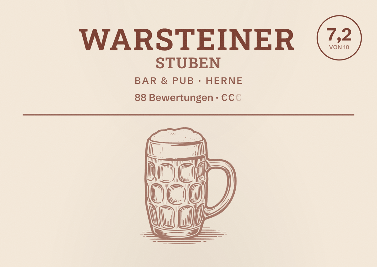 Illustriertes Poster von Warsteiner Stuben, Bar & Pub in Herne: Bewertung 7,2 von 10 aus 88 Bewertungen, Preisniveau €€