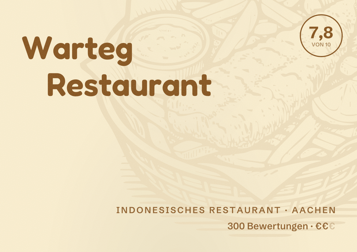 Illustriertes Poster von Warteg Restaurant, Indonesisches Restaurant in Aachen: Bewertung 7,8 von 10 aus 300 Bewertungen, Preisniveau €€