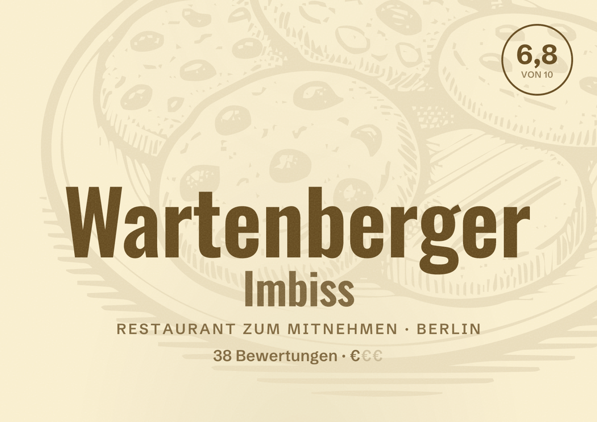 Illustriertes Poster von Wartenberger Imbiss, Restaurant zum Mitnehmen in Berlin: Bewertung 6,8 von 10 aus 38 Bewertungen, Preisniveau €