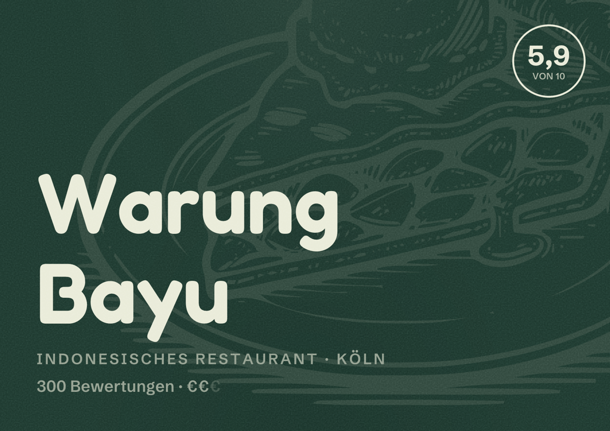Illustriertes Poster von Warung Bayu, Indonesisches Restaurant in Köln: Bewertung 5,9 von 10 aus 300 Bewertungen, Preisniveau €€