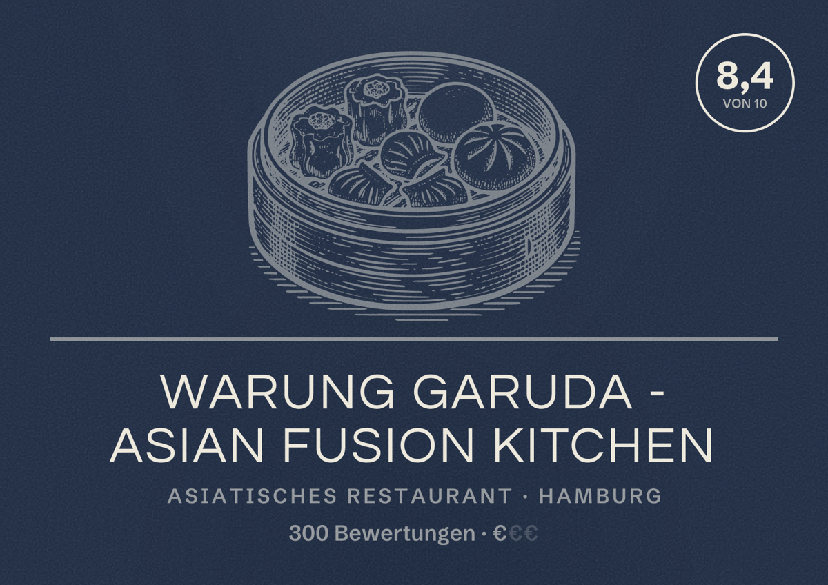 Illustriertes Poster von Warung Garuda - Asian Fusion Kitchen, Asiatisches Restaurant in Hamburg: Bewertung 8,4 von 10 aus 300 Bewertungen, Preisniveau €
