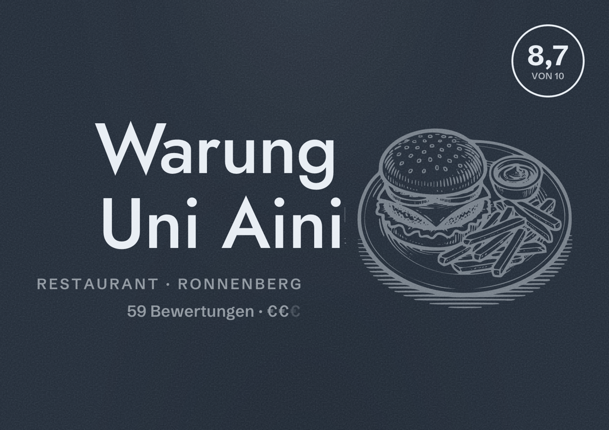 Illustriertes Poster von Warung Uni Aini, Restaurant in Ronnenberg: Bewertung 8,7 von 10 aus 59 Bewertungen, Preisniveau €€