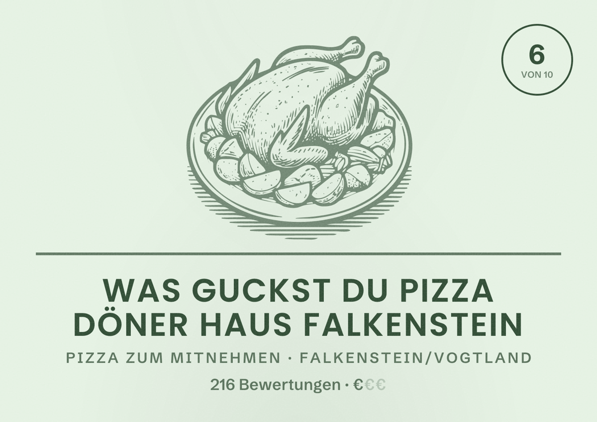 Illustriertes Poster von Was Guckst Du Pizza Döner Haus Falkenstein, Pizza zum Mitnehmen in Falkenstein/Vogtland: Bewertung 6 von 10 aus 216 Bewertungen, Preisniveau €