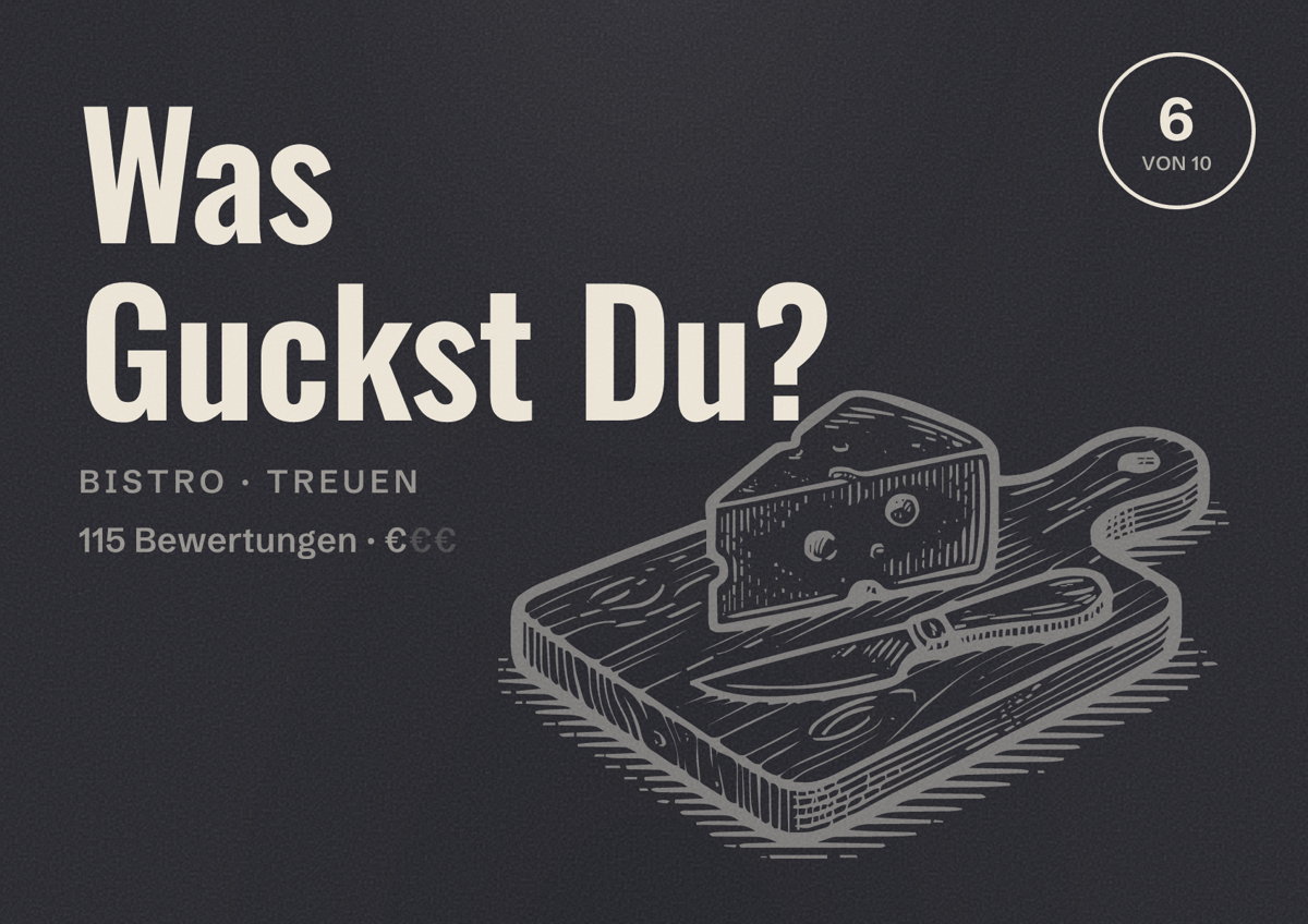 Illustriertes Poster von Was Guckst Du?, Bistro in Treuen: Bewertung 6 von 10 aus 115 Bewertungen, Preisniveau €