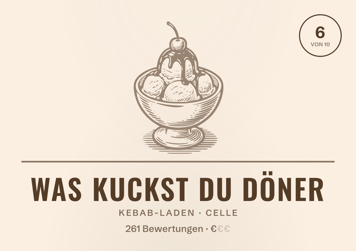 Illustriertes Poster von Was Kuckst Du Döner, Kebab-Laden in Celle: Bewertung 6 von 10 aus 261 Bewertungen, Preisniveau €
