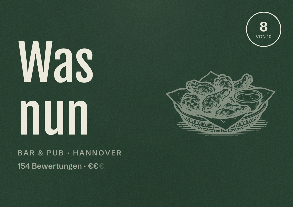 Illustriertes Poster von Was nun, Bar & Pub in Hannover: Bewertung 8,0 von 10 aus 154 Bewertungen, Preisniveau €€