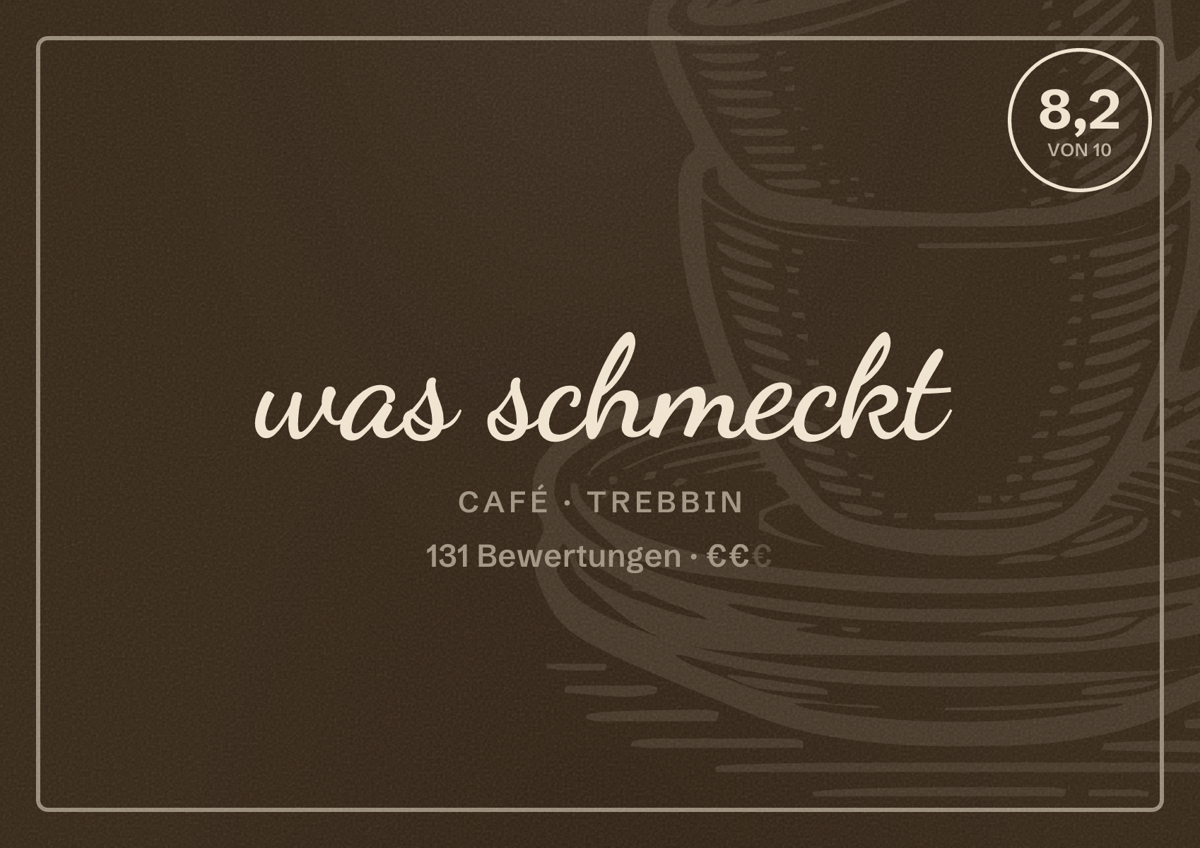 Illustriertes Poster von was schmeckt, Café in Trebbin: Bewertung 8,2 von 10 aus 131 Bewertungen, Preisniveau €€