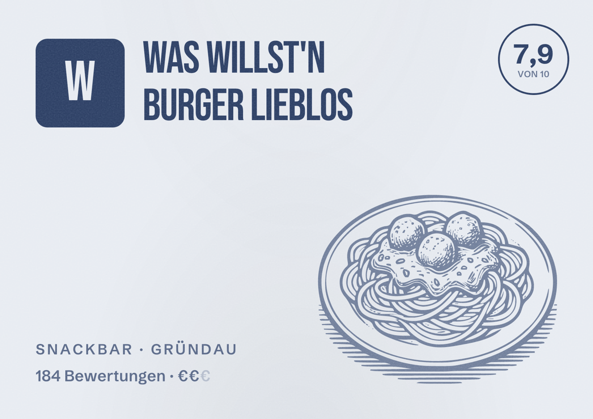 Illustriertes Poster von Was willst'n Burger Lieblos, Snackbar in Gründau: Bewertung 7,9 von 10 aus 184 Bewertungen, Preisniveau €€