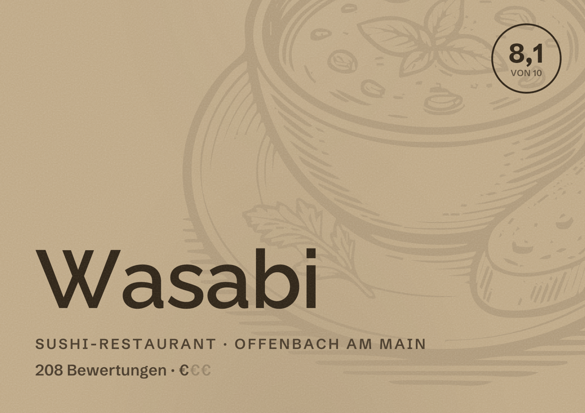 Illustriertes Poster von Wasabi, Sushi-Restaurant in Offenbach am Main: Bewertung 8,1 von 10 aus 208 Bewertungen, Preisniveau €