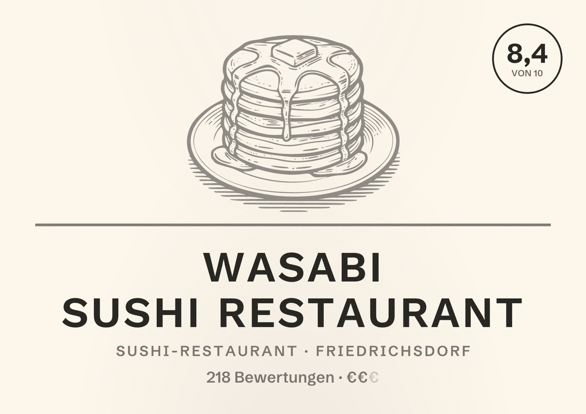Illustriertes Poster von Wasabi Sushi Restaurant, Sushi-Restaurant in Friedrichsdorf: Bewertung 8,4 von 10 aus 218 Bewertungen, Preisniveau €€