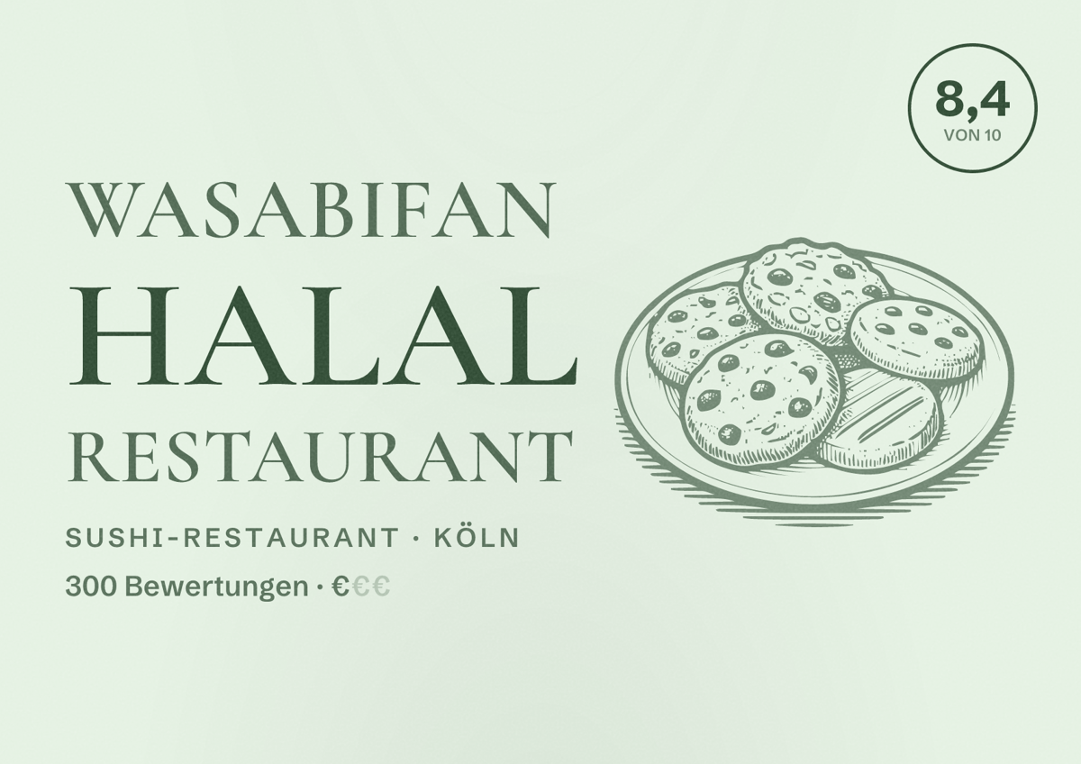 Illustriertes Poster von Wasabifan Halal Restaurant, Sushi-Restaurant in Köln: Bewertung 8,4 von 10 aus 300 Bewertungen, Preisniveau €