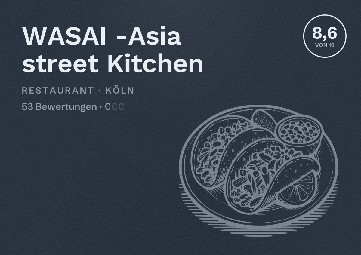 Illustriertes Poster von WASAI -Asia street Kitchen, Restaurant in Köln: Bewertung 8,6 von 10 aus 53 Bewertungen, Preisniveau €