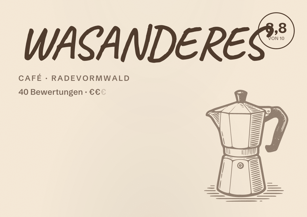 Illustriertes Poster von WASANDERES, Café in Radevormwald: Bewertung 8,8 von 10 aus 40 Bewertungen, Preisniveau €€