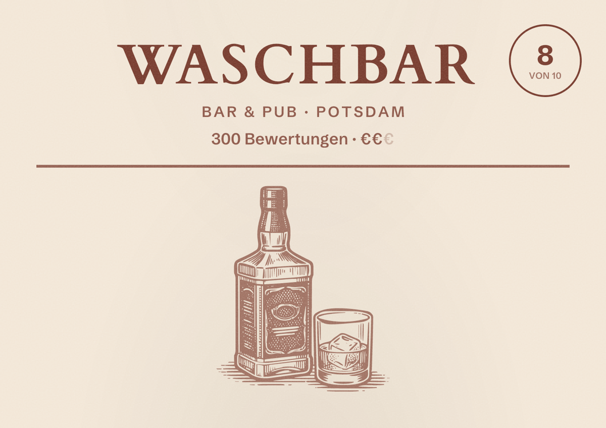 Illustriertes Poster von Waschbar, Bar & Pub in Potsdam: Bewertung 8 von 10 aus 300 Bewertungen, Preisniveau €€