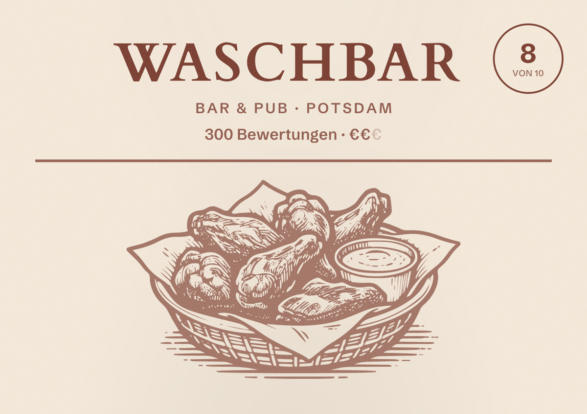 Illustriertes Poster von Waschbar, Bar & Pub in Potsdam: Bewertung 8 von 10 aus 300 Bewertungen, Preisniveau €€