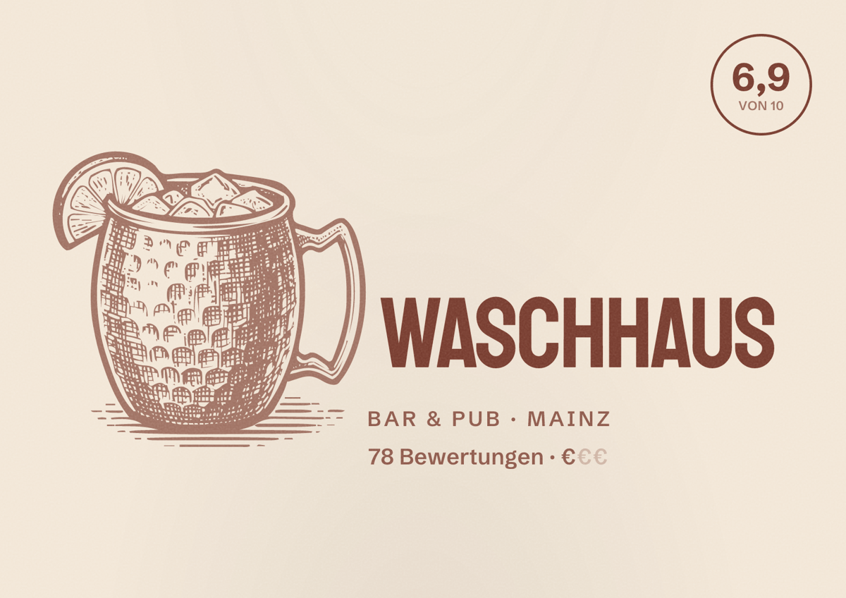Illustriertes Poster von Waschhaus, Bar & Pub in Mainz: Bewertung 6,9 von 10 aus 78 Bewertungen, Preisniveau €