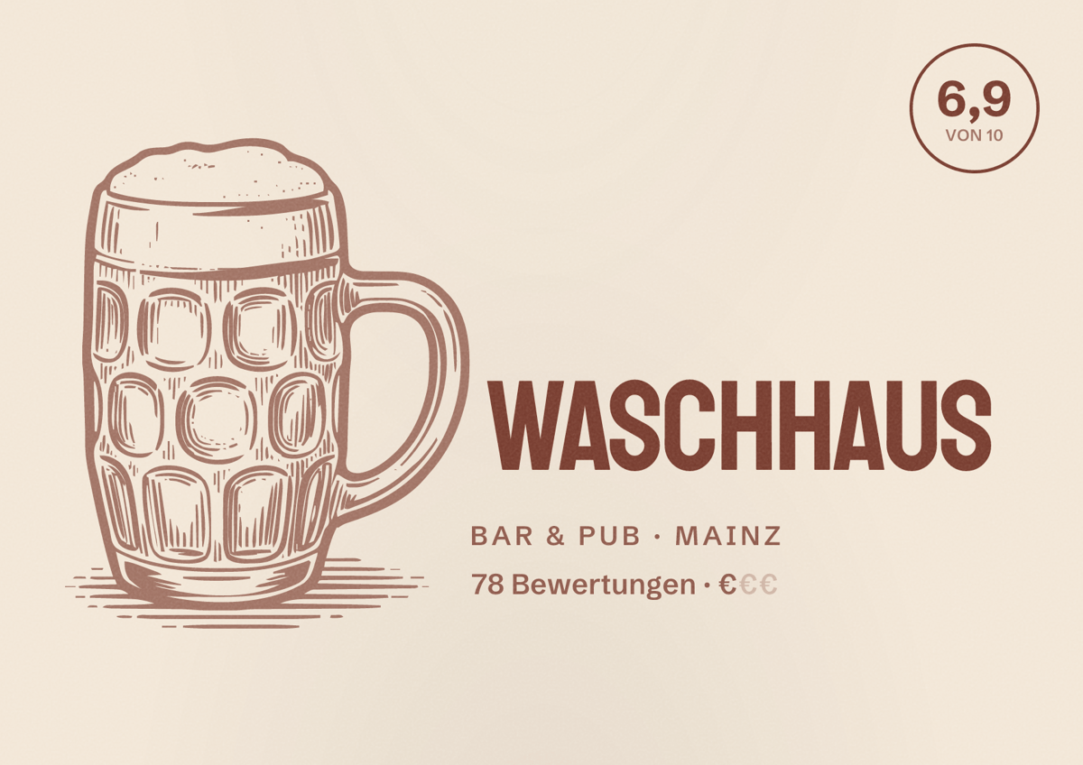 Illustriertes Poster von Waschhaus, Bar & Pub in Mainz: Bewertung 6,9 von 10 aus 78 Bewertungen, Preisniveau €