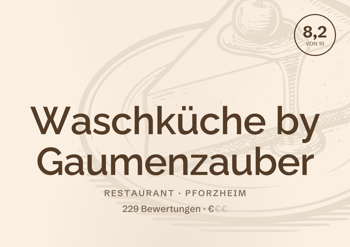 Illustriertes Poster von Waschküche by Gaumenzauber, Restaurant in Pforzheim: Bewertung 8,2 von 10 aus 229 Bewertungen, Preisniveau €
