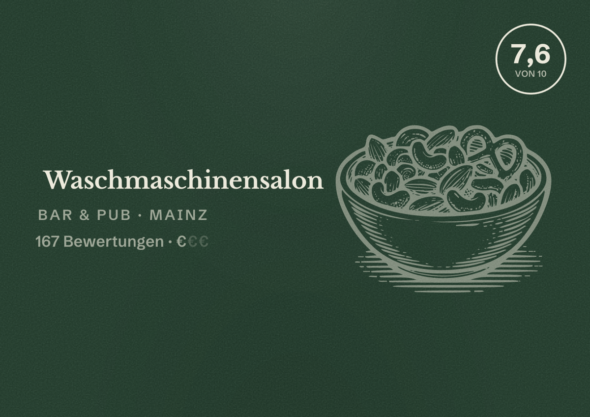 Illustriertes Poster von Waschmaschinensalon, Bar & Pub in Mainz: Bewertung 7,6 von 10 aus 167 Bewertungen, Preisniveau €