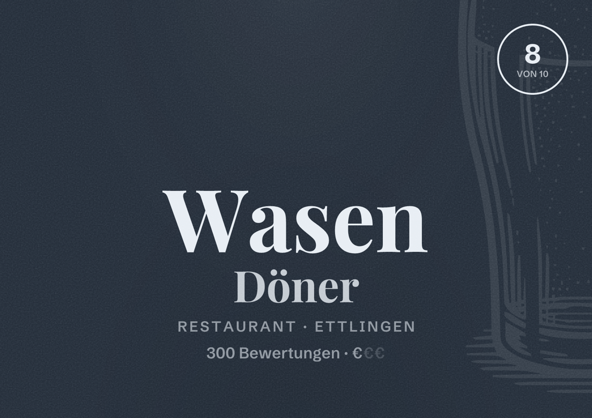 Illustriertes Poster von Wasen Döner, Restaurant in Ettlingen: Bewertung 8 von 10 aus 300 Bewertungen, Preisniveau €