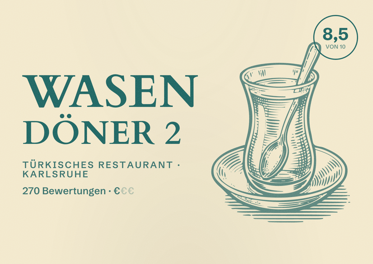 Illustriertes Poster von Wasen Döner 2, Türkisches Restaurant in Karlsruhe: Bewertung 8,5 von 10 aus 270 Bewertungen, Preisniveau €