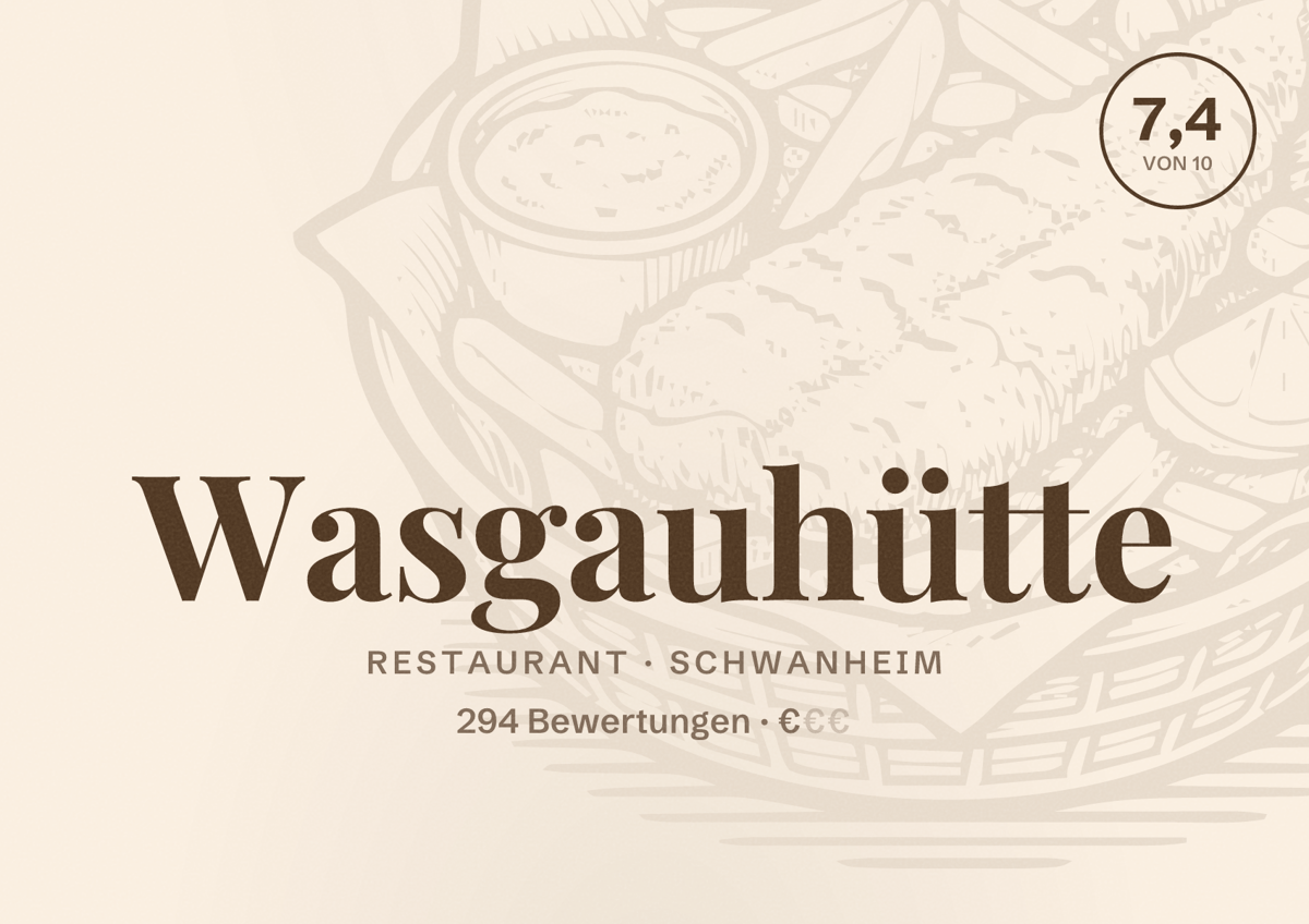 Illustriertes Poster von Wasgauhütte, Restaurant in Schwanheim: Bewertung 7,4 von 10 aus 294 Bewertungen, Preisniveau €