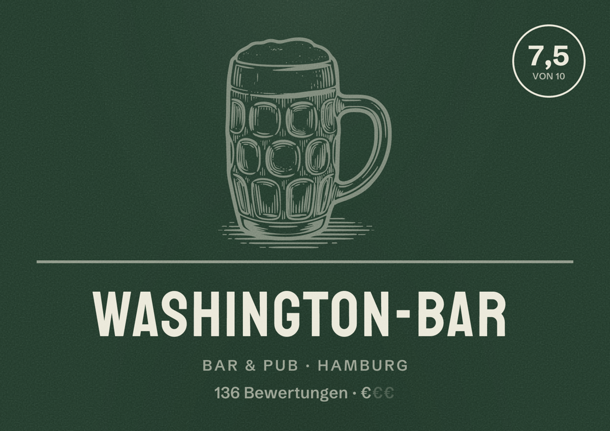 Illustriertes Poster von Washington-Bar, Bar & Pub in Hamburg: Bewertung 7,5 von 10 aus 136 Bewertungen, Preisniveau €