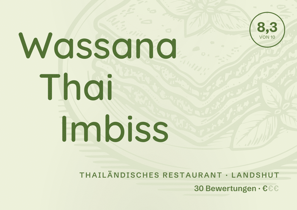 Illustriertes Poster von Wassana Thai Imbiss, Thailändisches Restaurant in Landshut: Bewertung 8,3 von 10 aus 30 Bewertungen, Preisniveau €