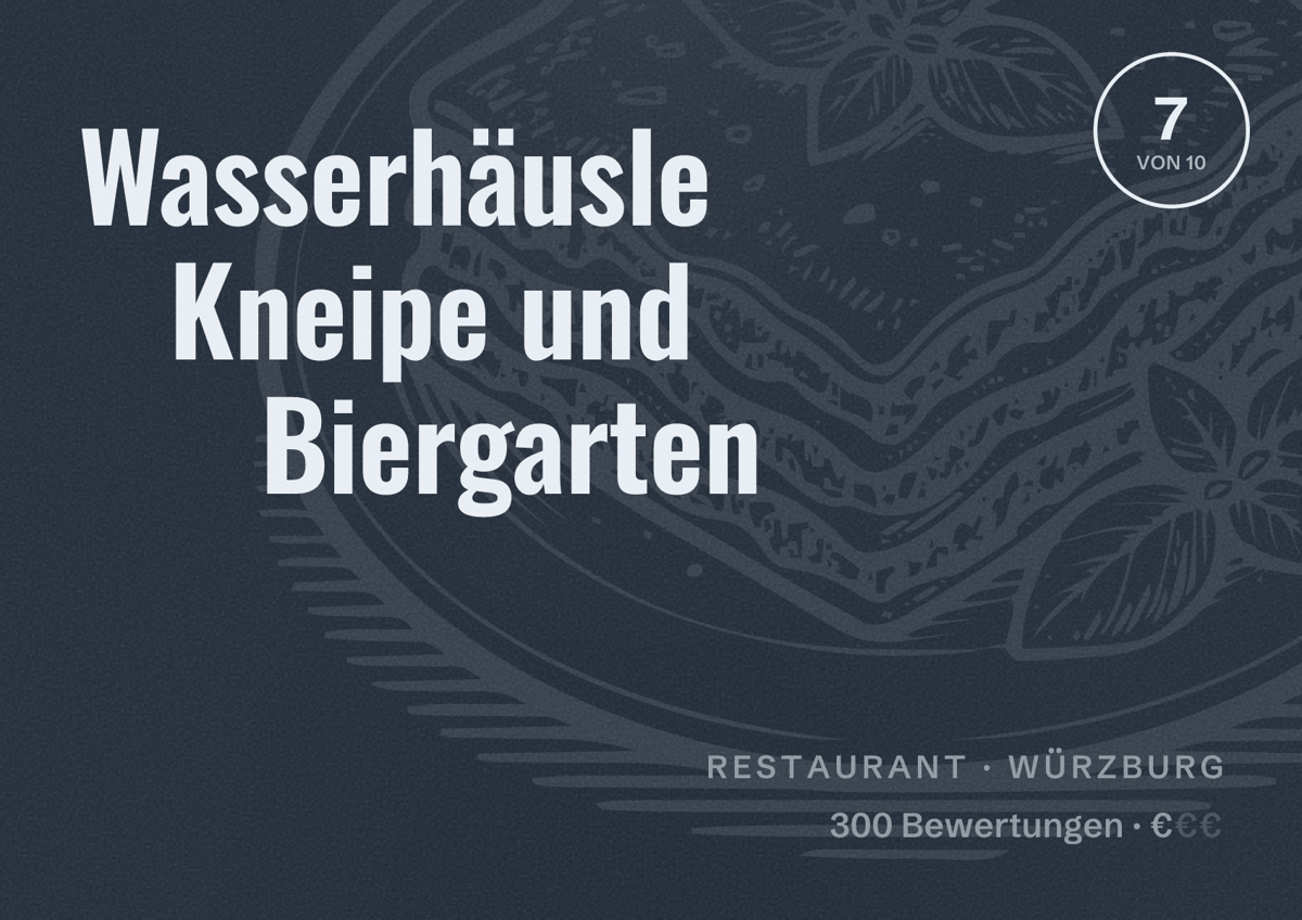 Illustriertes Poster von Wasserhäusle Kneipe und Biergarten, Restaurant in Würzburg: Bewertung 7 von 10 aus 300 Bewertungen, Preisniveau €