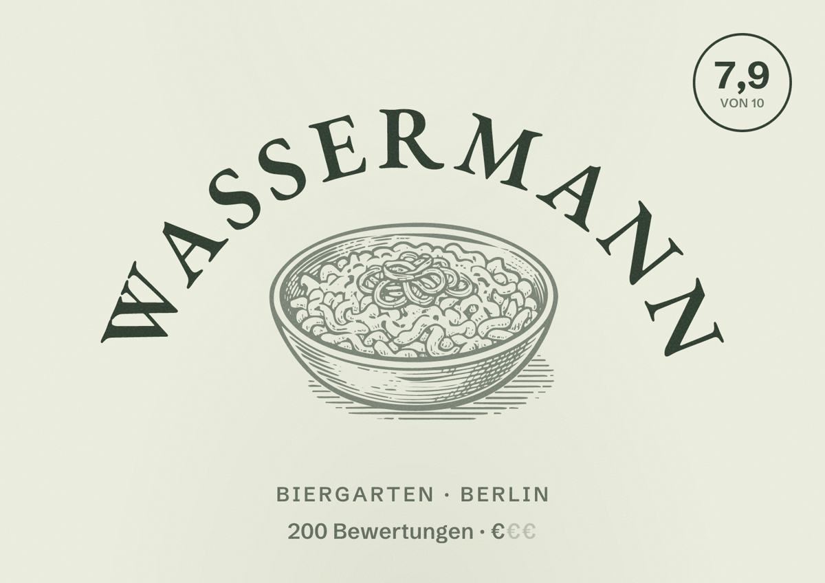 Illustriertes Poster von Wassermann, Biergarten in Berlin: Bewertung 7,9 von 10 aus 200 Bewertungen, Preisniveau €