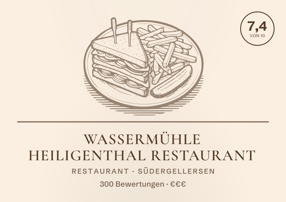 Illustriertes Poster von Wassermühle Heiligenthal Restaurant, Restaurant in Südergellersen: Bewertung 7,4 von 10 aus 300 Bewertungen, Preisniveau €€€