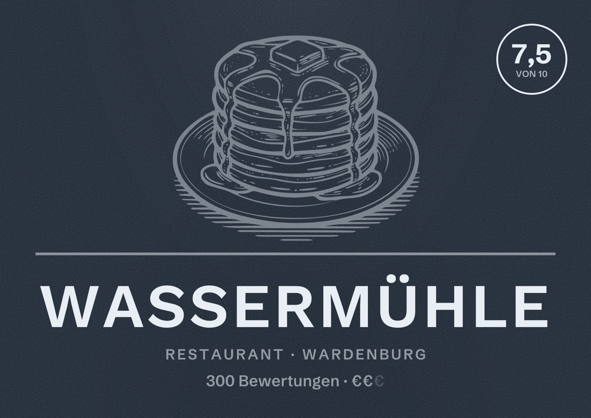 Illustriertes Poster von Wassermühle, Restaurant in Wardenburg: Bewertung 7,5 von 10 aus 300 Bewertungen, Preisniveau €€