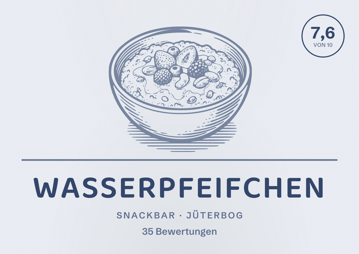 Illustriertes Poster von Wasserpfeifchen, Snackbar in Jüterbog: Bewertung 7,6 von 10 aus 35 Bewertungen