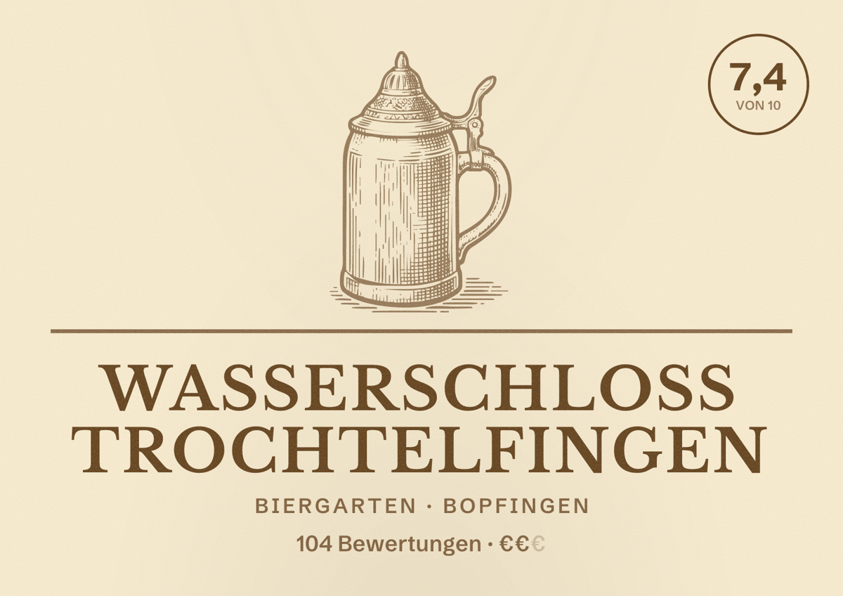 Illustriertes Poster von Wasserschloss Trochtelfingen, Biergarten in Bopfingen: Bewertung 7,4 von 10 aus 104 Bewertungen, Preisniveau €€