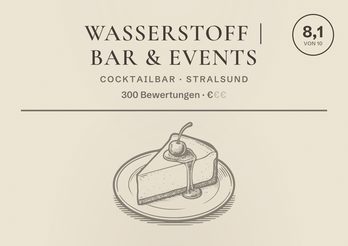 Illustriertes Poster von Wasserstoff | BAR & EVENTS, Cocktailbar in Stralsund: Bewertung 8,1 von 10 aus 300 Bewertungen, Preisniveau €