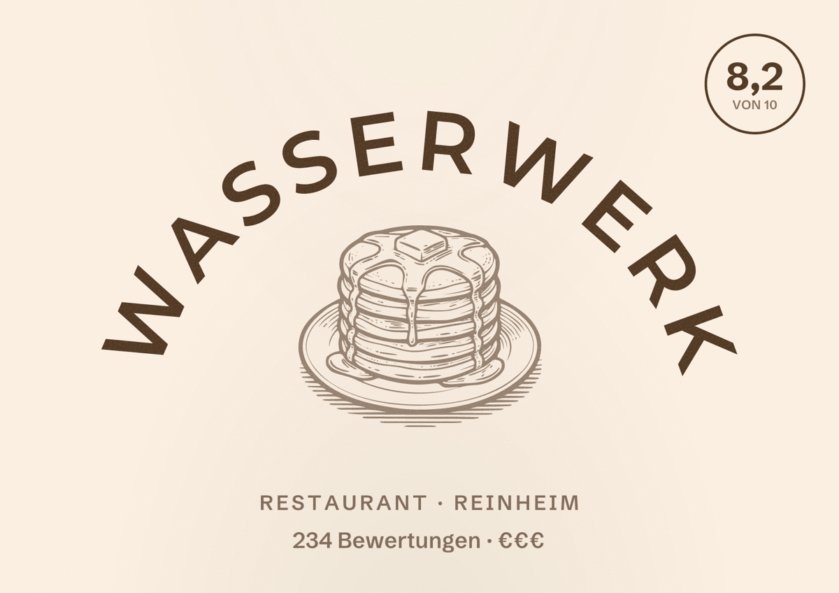 Illustriertes Poster von Wasserwerk, Restaurant in Reinheim: Bewertung 8,2 von 10 aus 234 Bewertungen, Preisniveau €€€