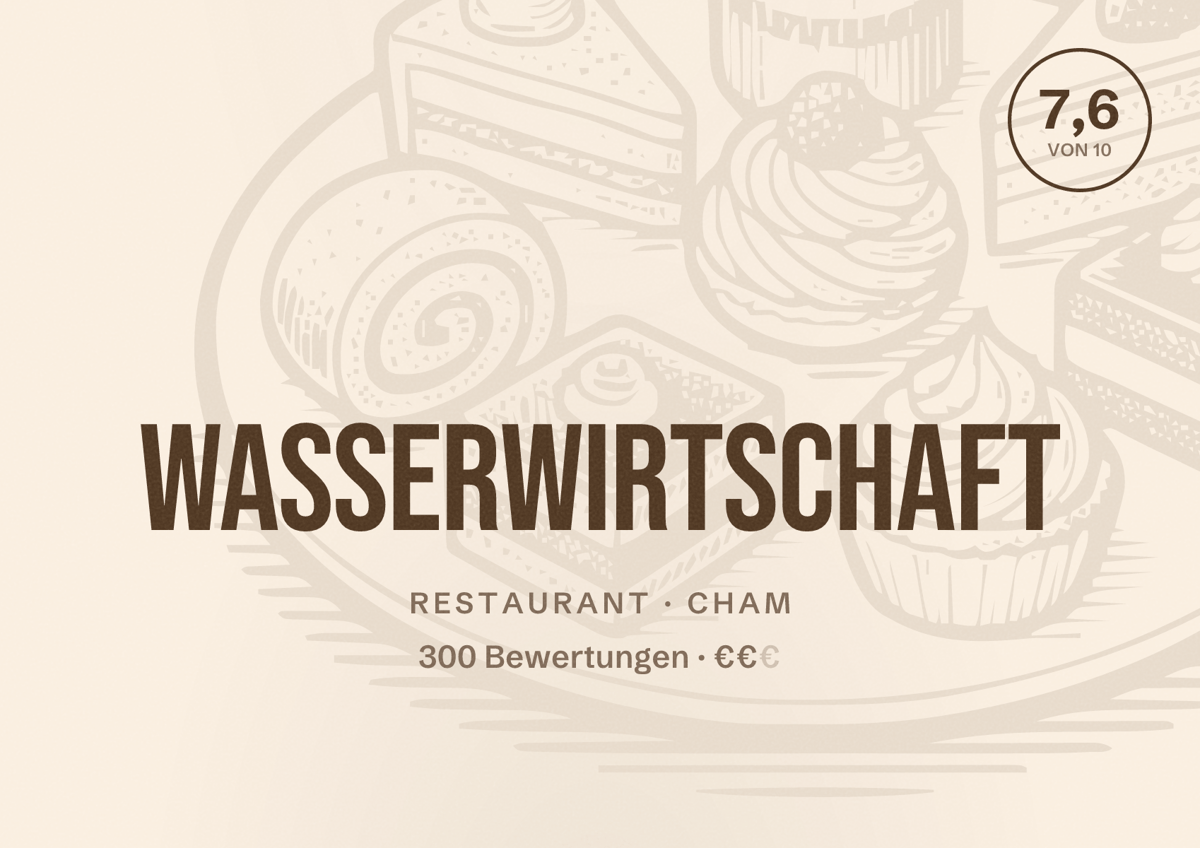 Illustriertes Poster von Wasserwirtschaft, Restaurant in Cham: Bewertung 7,6 von 10 aus 300 Bewertungen, Preisniveau €€